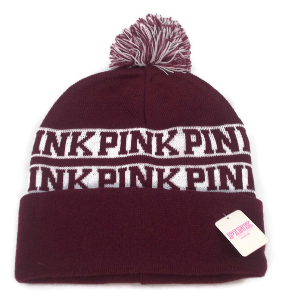 PINK Beanie Pom Pom Hat Burgundy Knit Beanie NWT